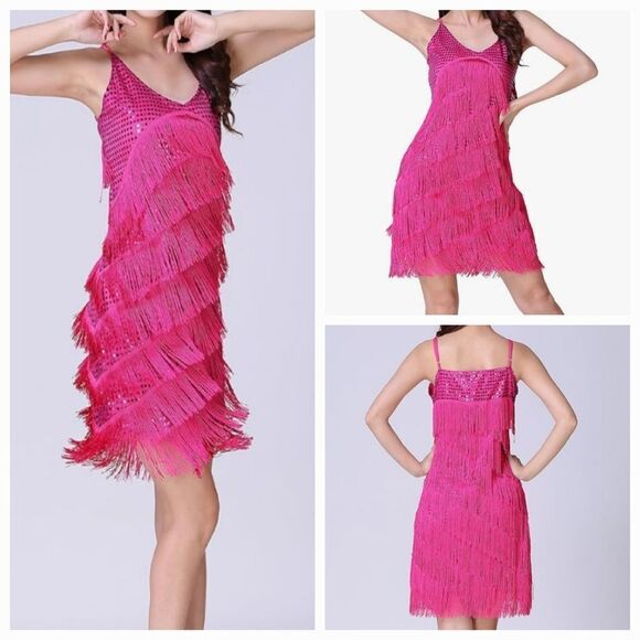 🩵NWT Hot Pink Layered Fringe Costume Dress Size 4-8 - Picture 1 of 12